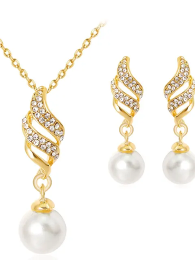 Fashionable and Simple Pearl crystal Rhinestone Earrings And Necklace Jewelry Set For Girls & Womes jewellery set