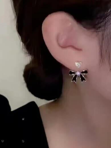 Simple Love With Black Bow Heart Earrings For Girls & Womens
